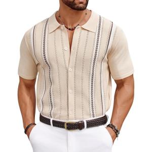 imageCOOFANDY Knit Shirts for Men Casual Short Sleeve Button Down Shirts Summer Beach Stretch Fit Collared ShirtsKhaki