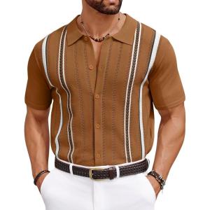 imageCOOFANDY Knit Shirts for Men Casual Short Sleeve Button Down Shirts Summer Beach Stretch Fit Collared ShirtsLight Brown