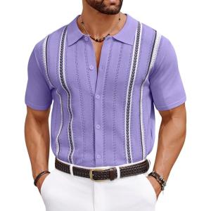 imageCOOFANDY Knit Shirts for Men Casual Short Sleeve Button Down Shirts Summer Beach Stretch Fit Collared ShirtsLilac
