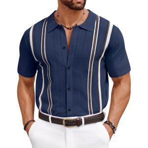 imageCOOFANDY Knit Shirts for Men Casual Short Sleeve Button Down Shirts Summer Beach Stretch Fit Collared ShirtsNavy