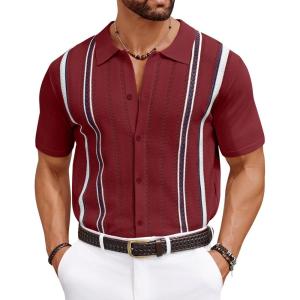 imageCOOFANDY Knit Shirts for Men Casual Short Sleeve Button Down Shirts Summer Beach Stretch Fit Collared ShirtsWine