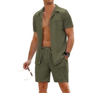 imageCOOFANDY Mens 2 Pieces Shirt Sets Short Sleeve Casual Button Down Hippie TShirts Shorts Sets Summer Fashion Beach OutfitsArmy Green