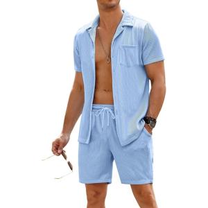 imageCOOFANDY Mens 2 Pieces Shirt Sets Short Sleeve Casual Button Down Hippie TShirts Shorts Sets Summer Fashion Beach OutfitsClear Blue