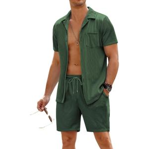 imageCOOFANDY Mens 2 Pieces Shirt Sets Short Sleeve Casual Button Down Hippie TShirts Shorts Sets Summer Fashion Beach OutfitsDark Green