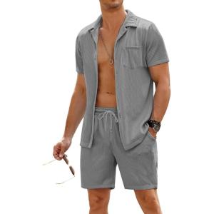 imageCOOFANDY Mens 2 Pieces Shirt Sets Short Sleeve Casual Button Down Hippie TShirts Shorts Sets Summer Fashion Beach OutfitsGrey