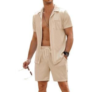 imageCOOFANDY Mens 2 Pieces Shirt Sets Short Sleeve Casual Button Down Hippie TShirts Shorts Sets Summer Fashion Beach OutfitsKhaki
