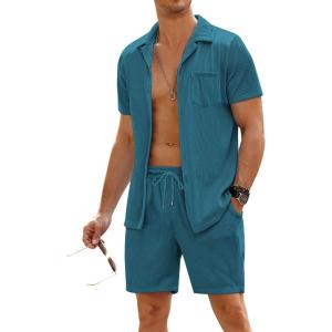 imageCOOFANDY Mens 2 Pieces Shirt Sets Short Sleeve Casual Button Down Hippie TShirts Shorts Sets Summer Fashion Beach OutfitsLake Blue