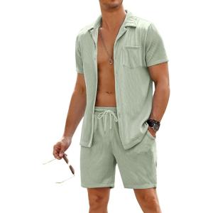 imageCOOFANDY Mens 2 Pieces Shirt Sets Short Sleeve Casual Button Down Hippie TShirts Shorts Sets Summer Fashion Beach OutfitsLight Green