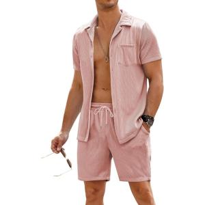imageCOOFANDY Mens 2 Pieces Shirt Sets Short Sleeve Casual Button Down Hippie TShirts Shorts Sets Summer Fashion Beach OutfitsLight Pink