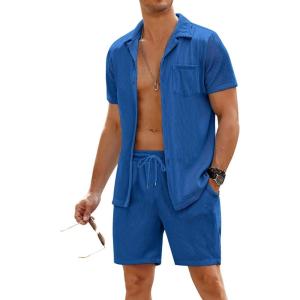 imageCOOFANDY Mens 2 Pieces Shirt Sets Short Sleeve Casual Button Down Hippie TShirts Shorts Sets Summer Fashion Beach OutfitsRoyal Blue
