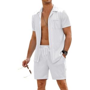 imageCOOFANDY Mens 2 Pieces Shirt Sets Short Sleeve Casual Button Down Hippie TShirts Shorts Sets Summer Fashion Beach OutfitsWhite