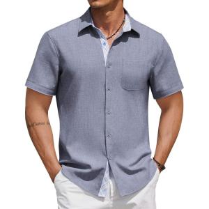 imageCOOFANDY Mens Button Down Shirts Short Sleeve Casual Linen Shirts for Men Summer Beach Wedding ShirtDark Blue