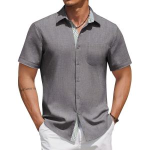 imageCOOFANDY Mens Button Down Shirts Short Sleeve Casual Linen Shirts for Men Summer Beach Wedding ShirtDark Gray