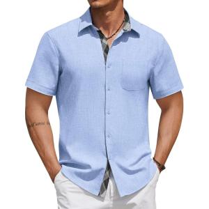 imageCOOFANDY Mens Button Down Shirts Short Sleeve Casual Linen Shirts for Men Summer Beach Wedding ShirtDenim Blue