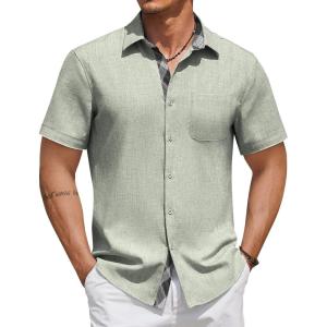 imageCOOFANDY Mens Button Down Shirts Short Sleeve Casual Linen Shirts for Men Summer Beach Wedding ShirtGreen