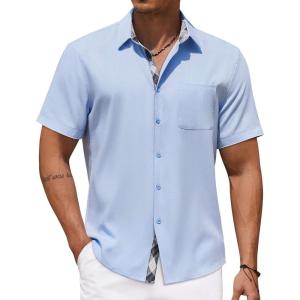 imageCOOFANDY Mens Button Down Shirts Short Sleeve Casual Linen Shirts for Men Summer Beach Wedding ShirtLight Blue