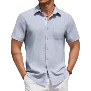 imageCOOFANDY Mens Button Down Shirts Short Sleeve Casual Linen Shirts for Men Summer Beach Wedding ShirtLight Denim Blue