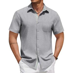 imageCOOFANDY Mens Button Down Shirts Short Sleeve Casual Linen Shirts for Men Summer Beach Wedding ShirtLight Gray