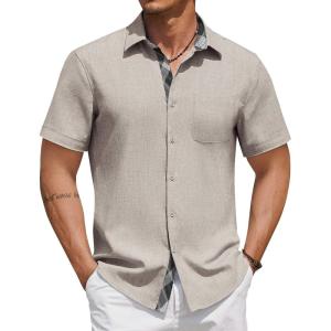 imageCOOFANDY Mens Button Down Shirts Short Sleeve Casual Linen Shirts for Men Summer Beach Wedding ShirtStone