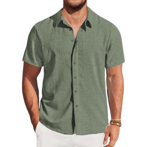 imageCOOFANDY Mens Casual Short Sleeve Shirts Button Down Summer Beach Shirt Lightweight Textured Tops with PocketArmy Green