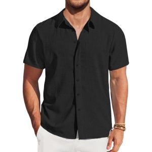 imageCOOFANDY Mens Casual Short Sleeve Shirts Button Down Summer Beach Shirt Lightweight Textured Tops with PocketBlack