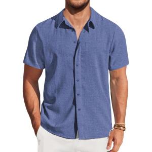 imageCOOFANDY Mens Casual Short Sleeve Shirts Button Down Summer Beach Shirt Lightweight Textured Tops with PocketBlue