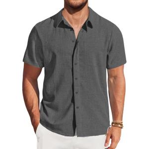 imageCOOFANDY Mens Casual Short Sleeve Shirts Button Down Summer Beach Shirt Lightweight Textured Tops with PocketDark Gray
