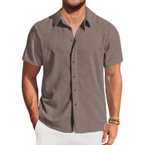 imageCOOFANDY Mens Casual Short Sleeve Shirts Button Down Summer Beach Shirt Lightweight Textured Tops with PocketKhaki