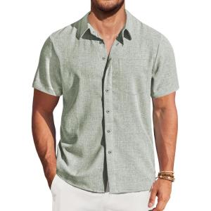imageCOOFANDY Mens Casual Short Sleeve Shirts Button Down Summer Beach Shirt Lightweight Textured Tops with PocketLight Green