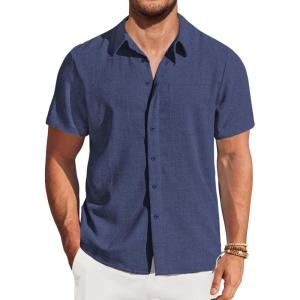 imageCOOFANDY Mens Casual Short Sleeve Shirts Button Down Summer Beach Shirt Lightweight Textured Tops with PocketNavy Blue