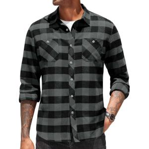 imageCOOFANDY Mens Flannel Plaid Shirts Long Sleeve Casual Button Down Shirt with PocketsDark Grey