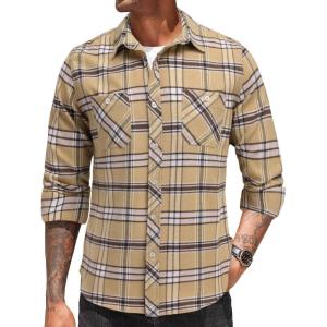 imageCOOFANDY Mens Flannel Plaid Shirts Long Sleeve Casual Button Down Shirt with PocketsKhaki