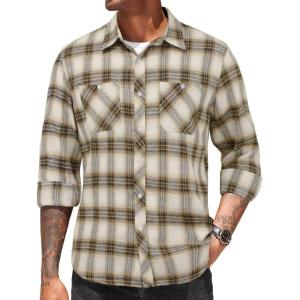 imageCOOFANDY Mens Flannel Plaid Shirts Long Sleeve Casual Button Down Shirt with PocketsKhaki Black Plaid