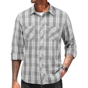 imageCOOFANDY Mens Flannel Plaid Shirts Long Sleeve Casual Button Down Shirt with PocketsLight Grey