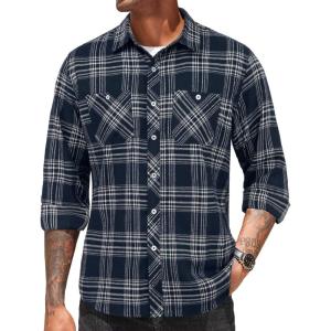 imageCOOFANDY Mens Flannel Plaid Shirts Long Sleeve Casual Button Down Shirt with PocketsNavy Plaid