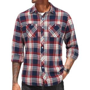 imageCOOFANDY Mens Flannel Plaid Shirts Long Sleeve Casual Button Down Shirt with PocketsNavy Red