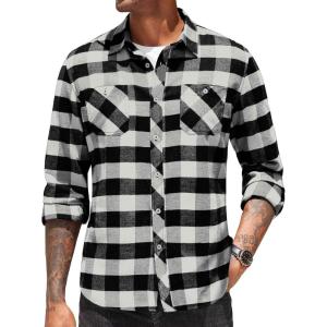 imageCOOFANDY Mens Flannel Plaid Shirts Long Sleeve Casual Button Down Shirt with PocketsWhite