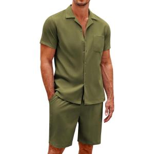 imageCOOFANDY Mens Short Sets 2 Piece Summer Beach Outfits Short Sleeve Shirts and Shorts Sets for MenArmy Green