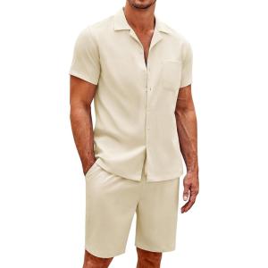 imageCOOFANDY Mens Short Sets 2 Piece Summer Beach Outfits Short Sleeve Shirts and Shorts Sets for MenBeige