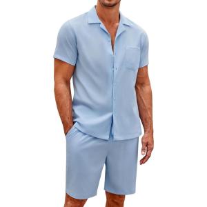 imageCOOFANDY Mens Short Sets 2 Piece Summer Beach Outfits Short Sleeve Shirts and Shorts Sets for MenBlue