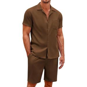 imageCOOFANDY Mens Short Sets 2 Piece Summer Beach Outfits Short Sleeve Shirts and Shorts Sets for MenBrown