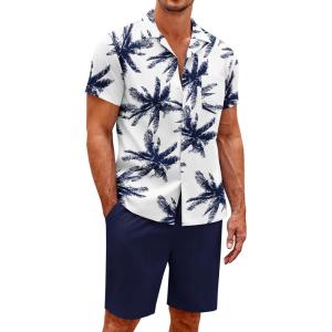 imageCOOFANDY Mens Short Sets 2 Piece Summer Beach Outfits Short Sleeve Shirts and Shorts Sets for MenCoconut Treewhite