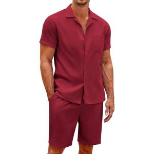 imageCOOFANDY Mens Short Sets 2 Piece Summer Beach Outfits Short Sleeve Shirts and Shorts Sets for MenCrimson