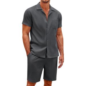imageCOOFANDY Mens Short Sets 2 Piece Summer Beach Outfits Short Sleeve Shirts and Shorts Sets for MenDark Grey