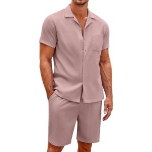 imageCOOFANDY Mens Short Sets 2 Piece Summer Beach Outfits Short Sleeve Shirts and Shorts Sets for MenDusty Rose