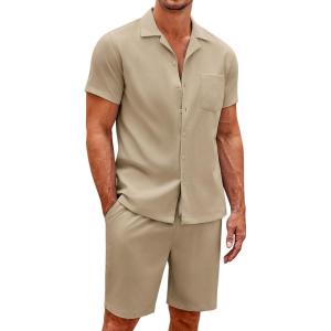 imageCOOFANDY Mens Short Sets 2 Piece Summer Beach Outfits Short Sleeve Shirts and Shorts Sets for MenKhaki