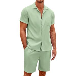 imageCOOFANDY Mens Short Sets 2 Piece Summer Beach Outfits Short Sleeve Shirts and Shorts Sets for MenLight Green