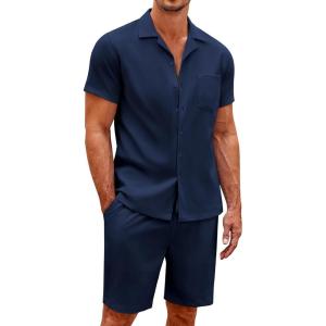 imageCOOFANDY Mens Short Sets 2 Piece Summer Beach Outfits Short Sleeve Shirts and Shorts Sets for MenNavy Blue