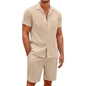 imageCOOFANDY Mens Short Sets 2 Piece Summer Beach Outfits Short Sleeve Shirts and Shorts Sets for MenShallow Coffee