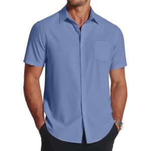imageCOOFANDY Mens Short Sleeve Dress Shirts Wrinkle Free Regular Fit Dress Shirt Textured Casual Button Down ShirtsDenim Blue